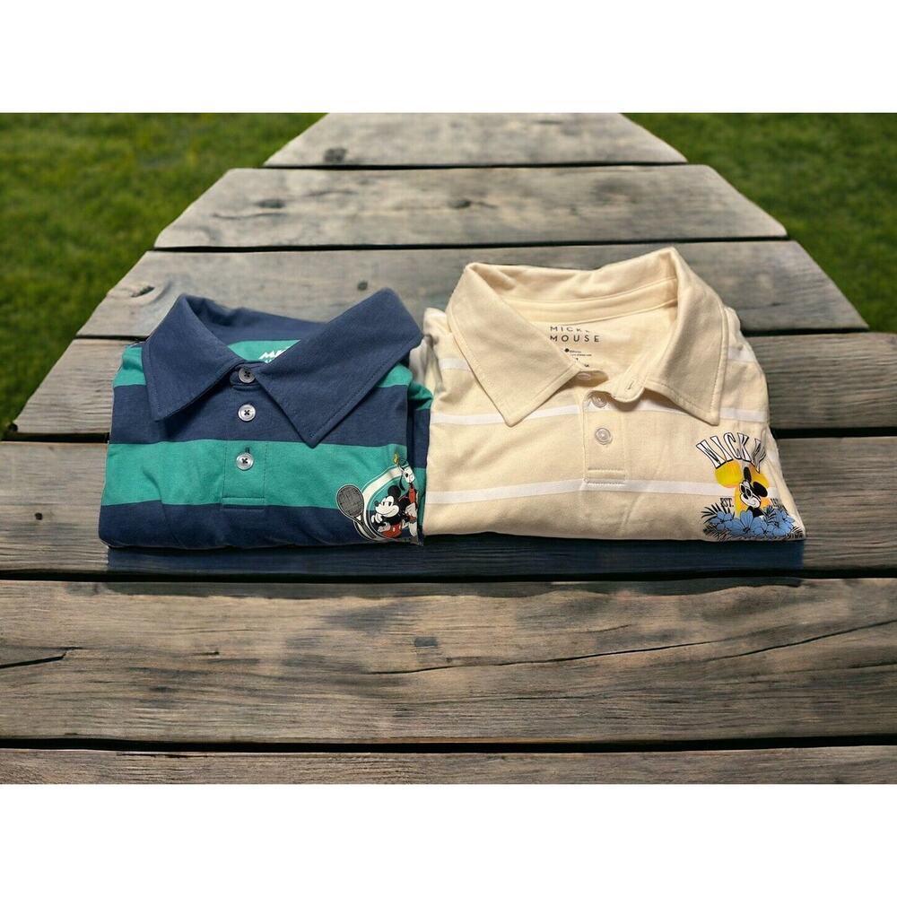 2-Disney Mickey and Friends Shirts Tennis Club Polo Summer Mens XL Striped NWT‎